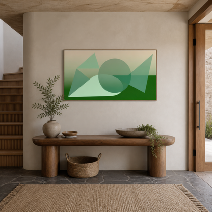 Wide green geometric abstract artwork above a wooden console in an entryway beside a staircase