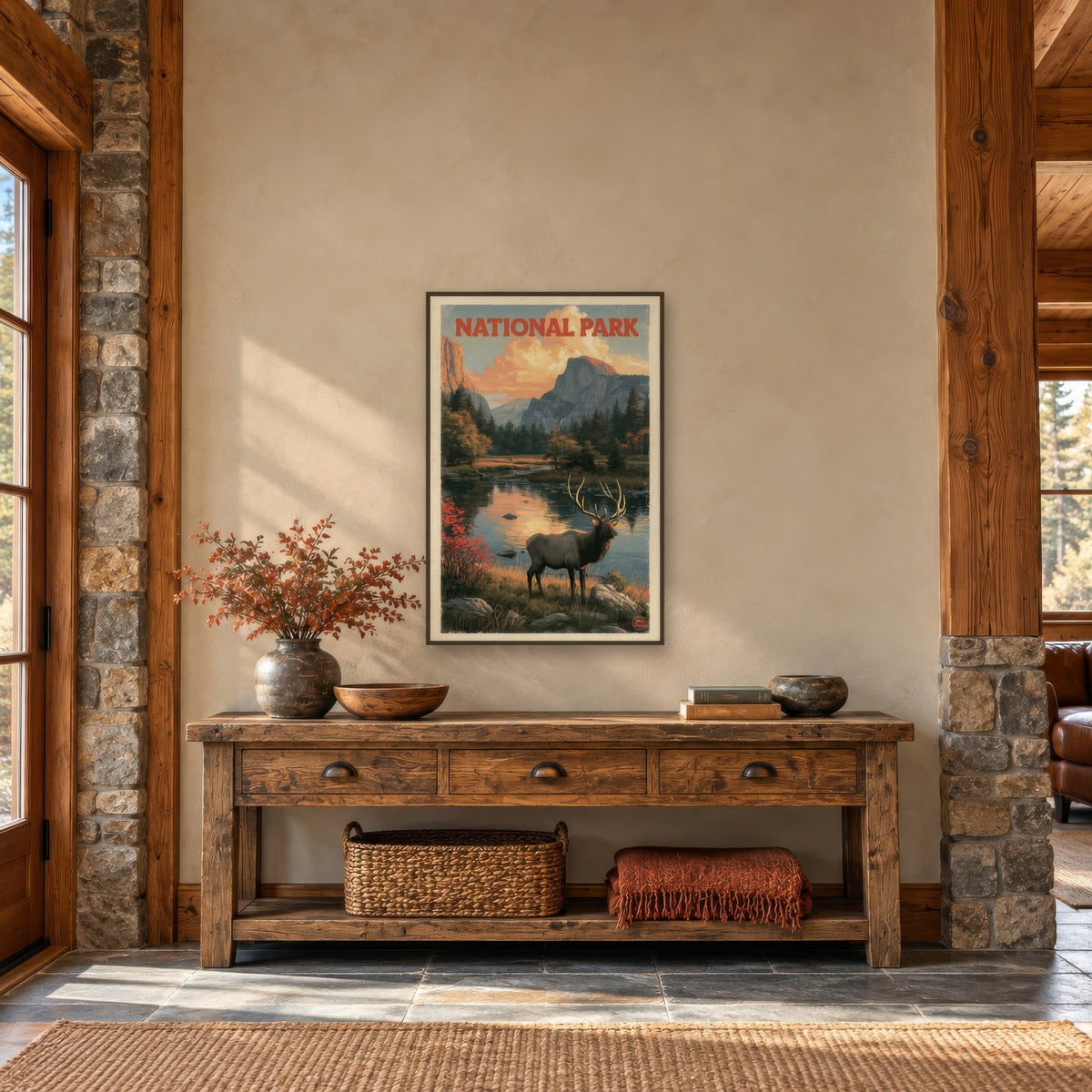 Half Dome Elk Vintage Poster national park wall art in an entryway