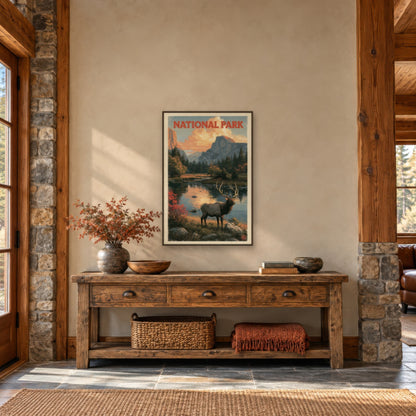 Half Dome Elk Vintage Poster national park wall art in an entryway
