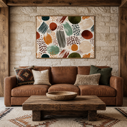 Circles and dots artwork above a brown sofa on a pale stone wall with a rustic wood table