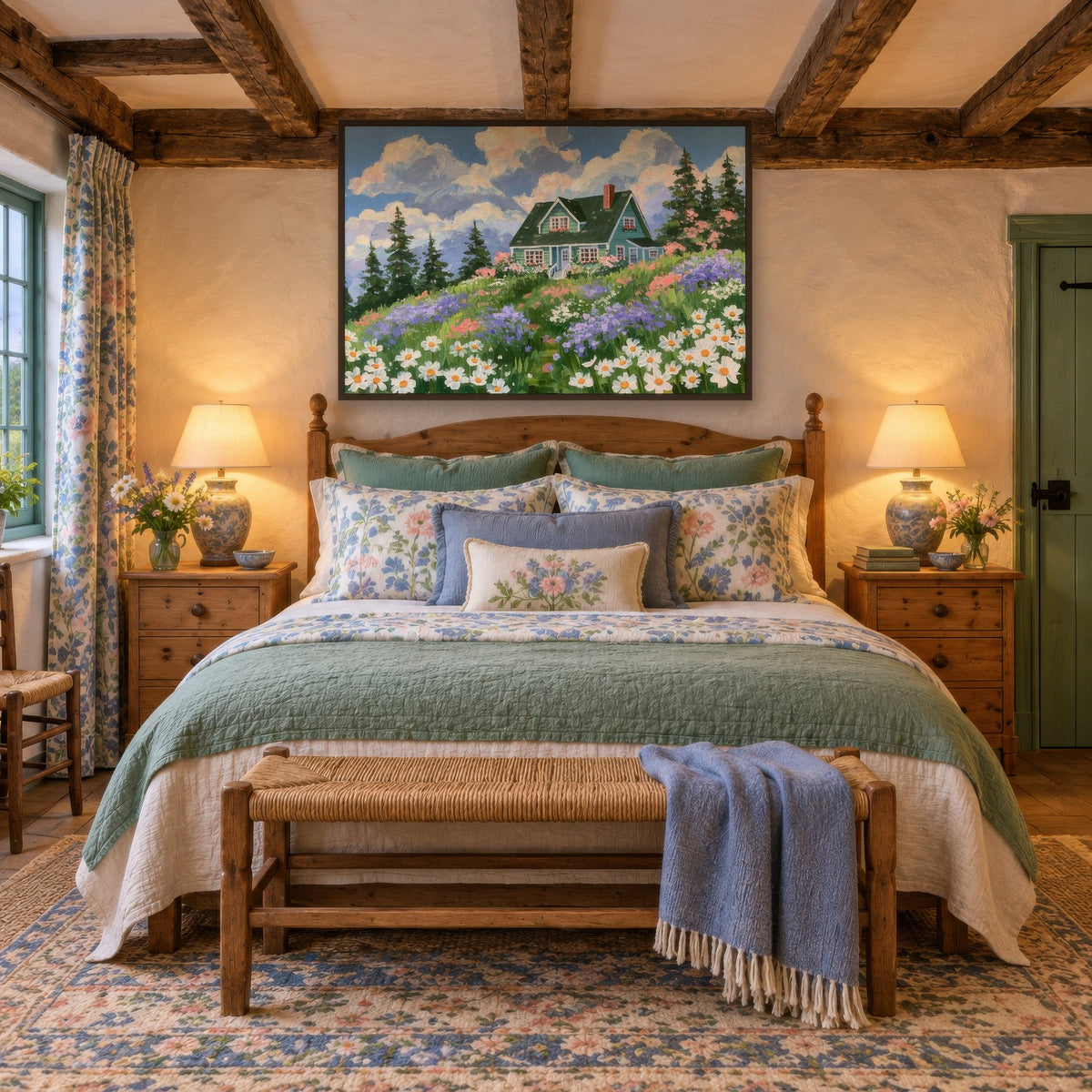 Folk Hillside Cottage cottagecore wall art in a bedroom