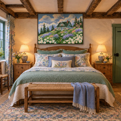 Folk Hillside Cottage cottagecore wall art in a bedroom