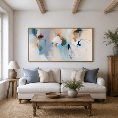 Wide soft blue and blush abstract artwork above a white sofa in a living room with a beamed ceiling