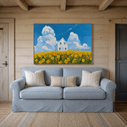 Daffodil field cottage above a pale blue slipcovered sofa on a white shiplap wall