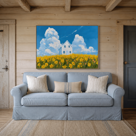 Daffodil field cottage above a pale blue slipcovered sofa on a white shiplap wall