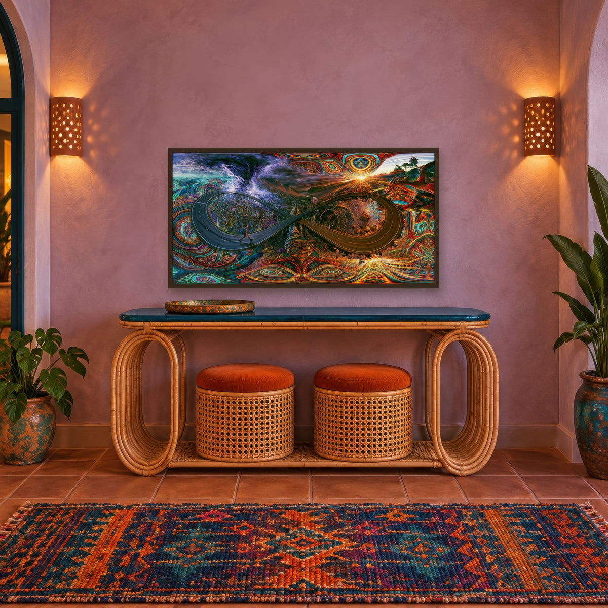 Storm to Sunset Infinity Road psychedelic wall art in an entryway