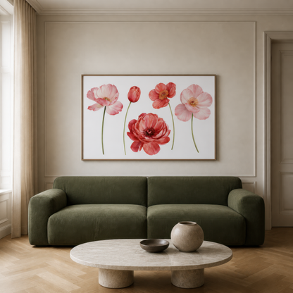 Pink and Red Poppies in a Row wall art print staged in a room