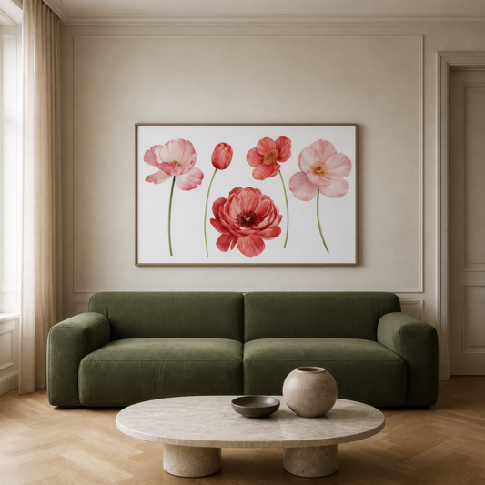Pink and Red Poppies in a Row wall art print staged in a room