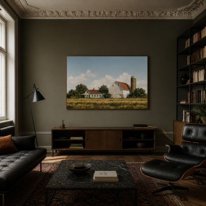 Golden barnyard above a black media console with a leather lounge chair and bookshelves