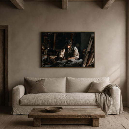 Antiquarian hour above a white slipcovered sofa on a plaster wall with a rustic wood table