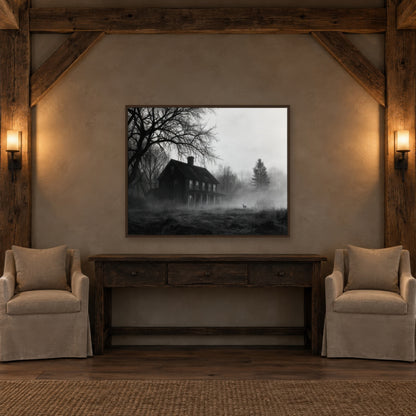 Foggy Farmhouse at Dusk farmhouse wall art in an entryway