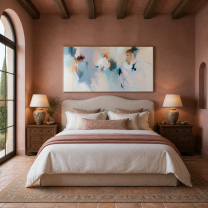 Wide soft blue and blush abstract artwork above an upholstered bed on a pink plaster wall