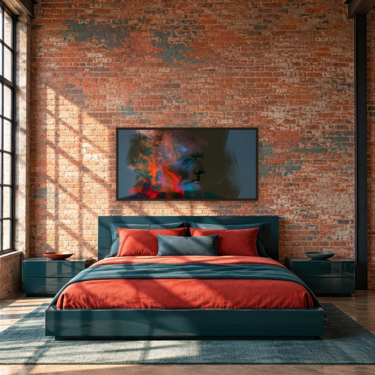 Orange and Teal Profile abstract portrait wall art in a bedroom
