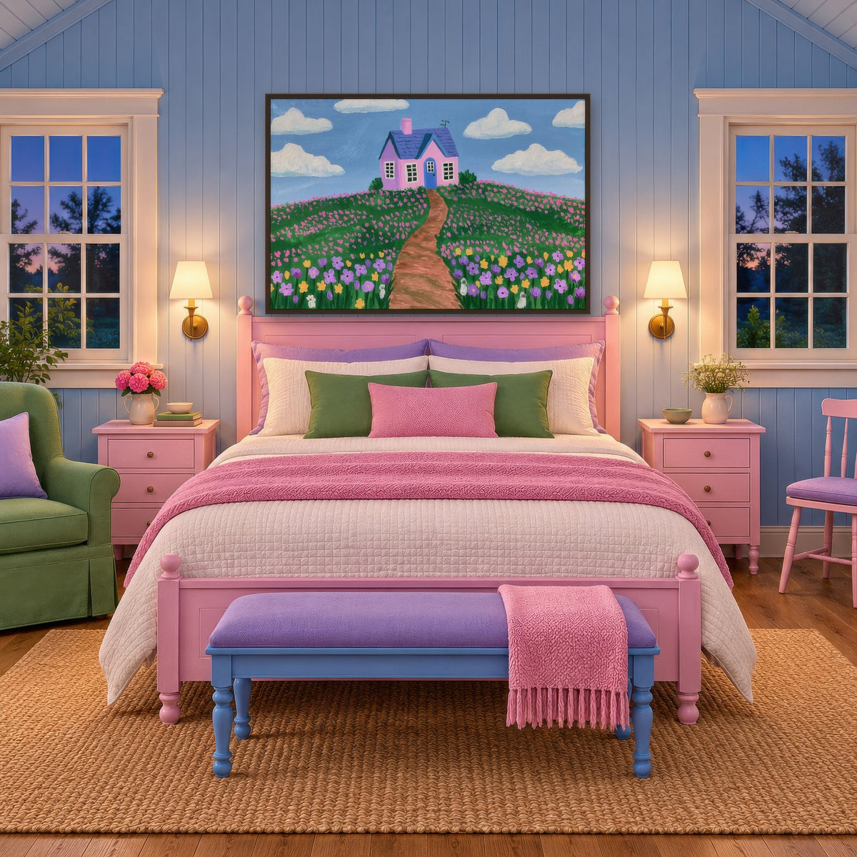 Pink Hilltop Cottage cottagecore wall art in a bedroom