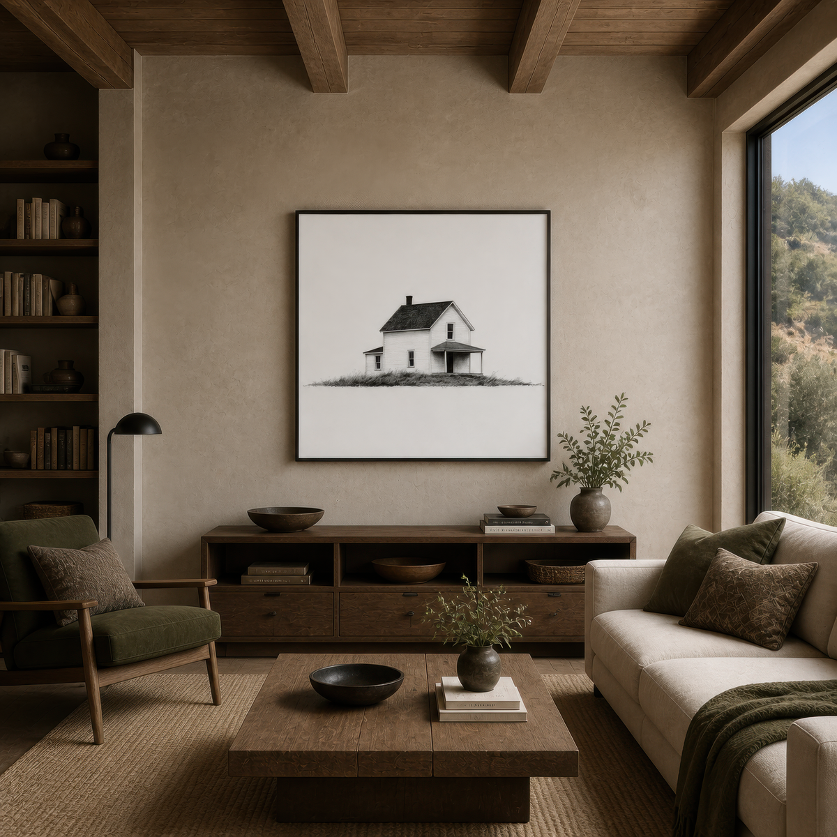 Farmhouse with a side wing and porch above a dark console with a cream sofa and bookshelves
