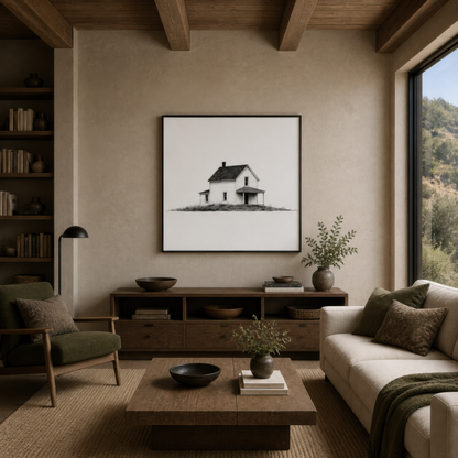 Farmhouse with a side wing and porch above a dark console with a cream sofa and bookshelves