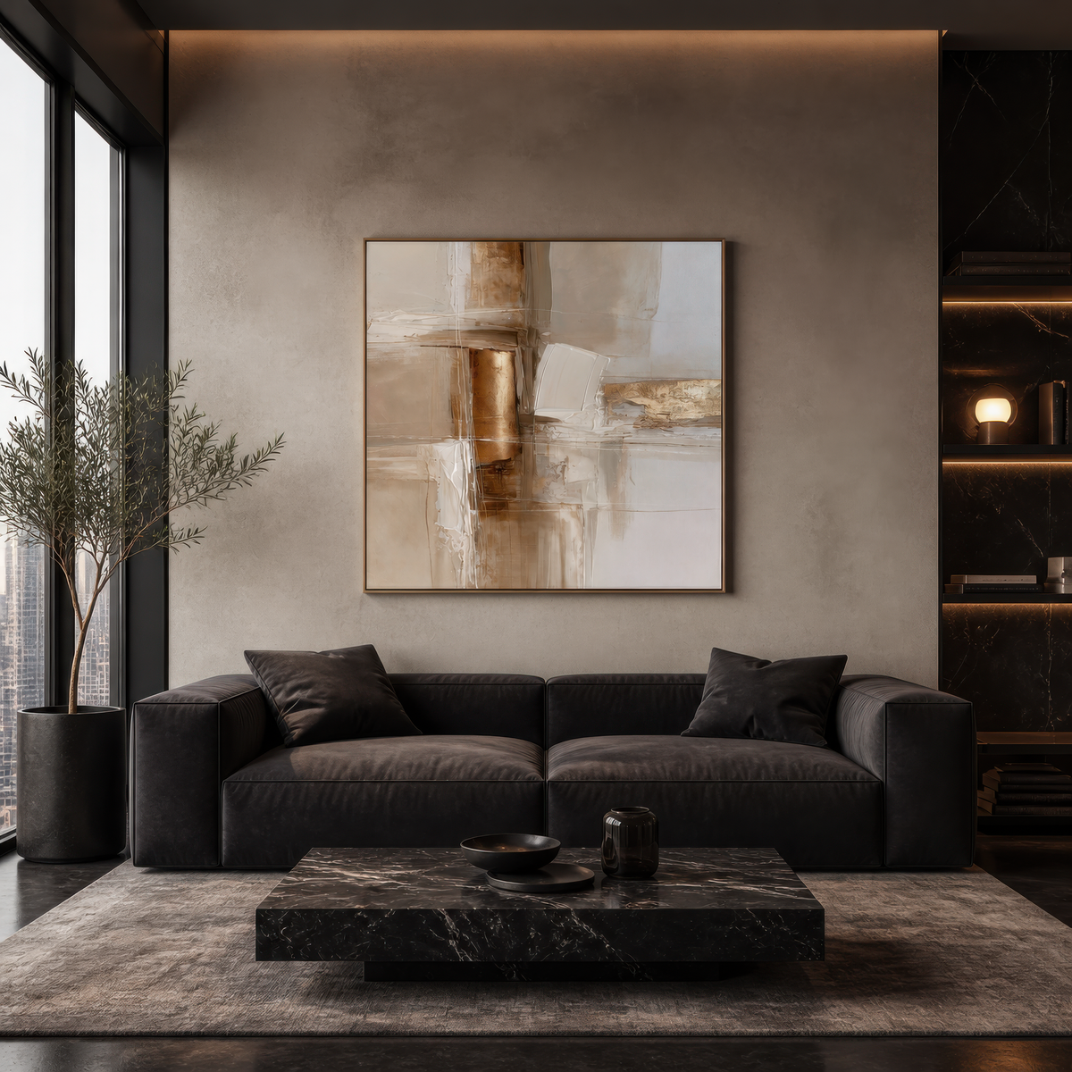 Square copper and cream abstract artwork above a black sofa with a marble coffee table in a dark room