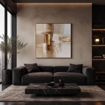 Square copper and cream abstract artwork above a black sofa with a marble coffee table in a dark room