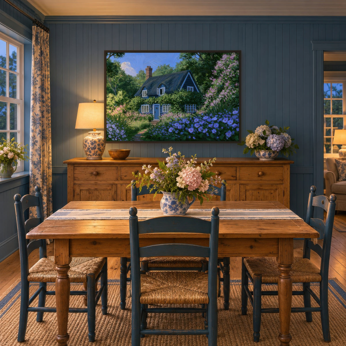 Blue Blossom Cottage cottagecore wall art in a dining room