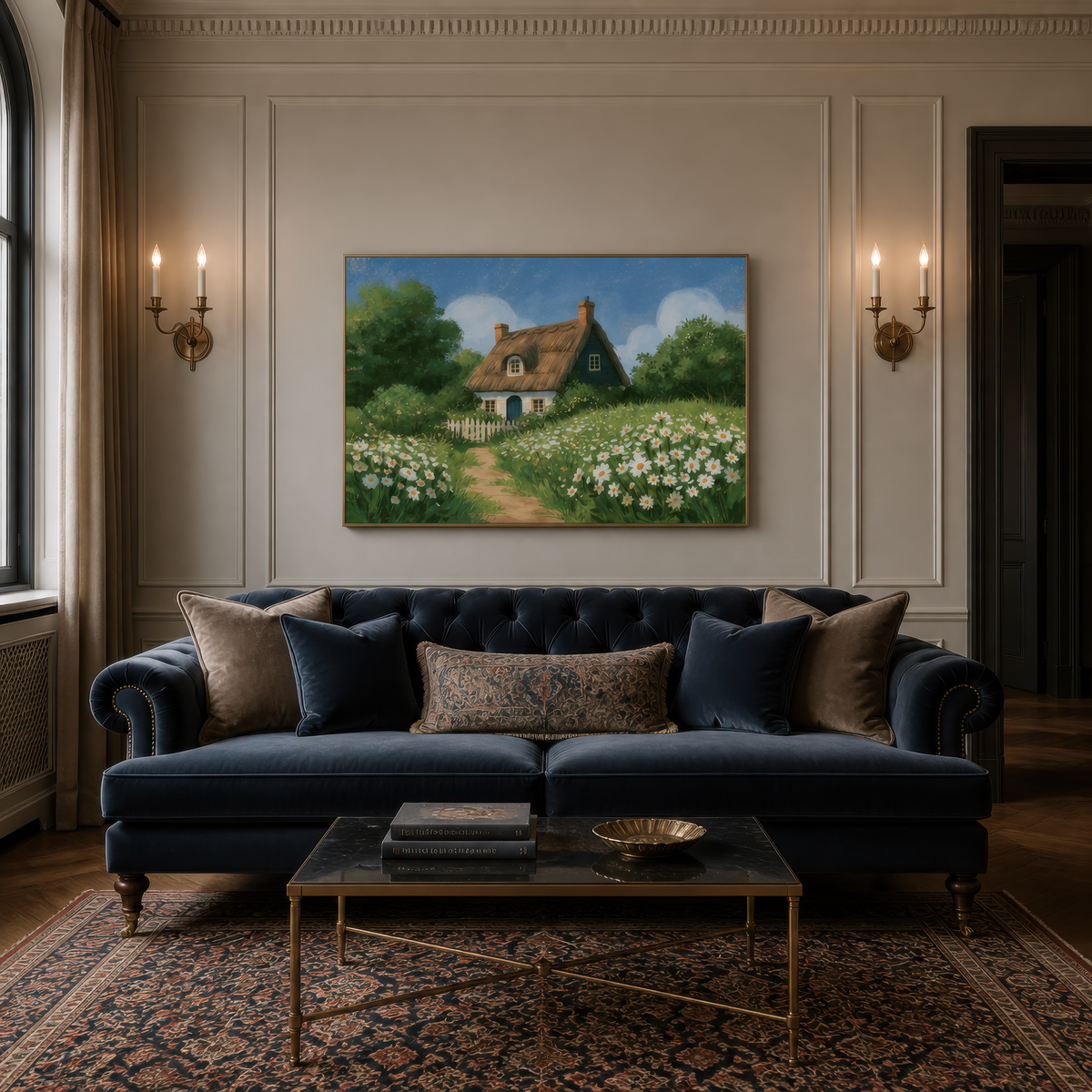 Thatched blue cottage above a navy tufted velvet sofa on a greige panelled wall