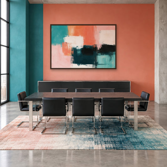 Teal and Coral Block Abstract wall art in a dining room