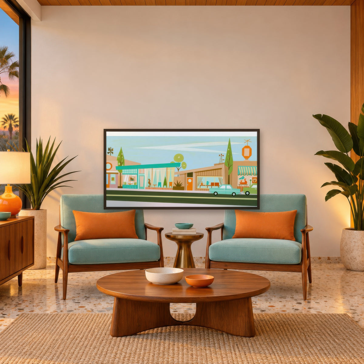 Retro Shopfront with a Teal Canopy mid-century modern wall art in a den