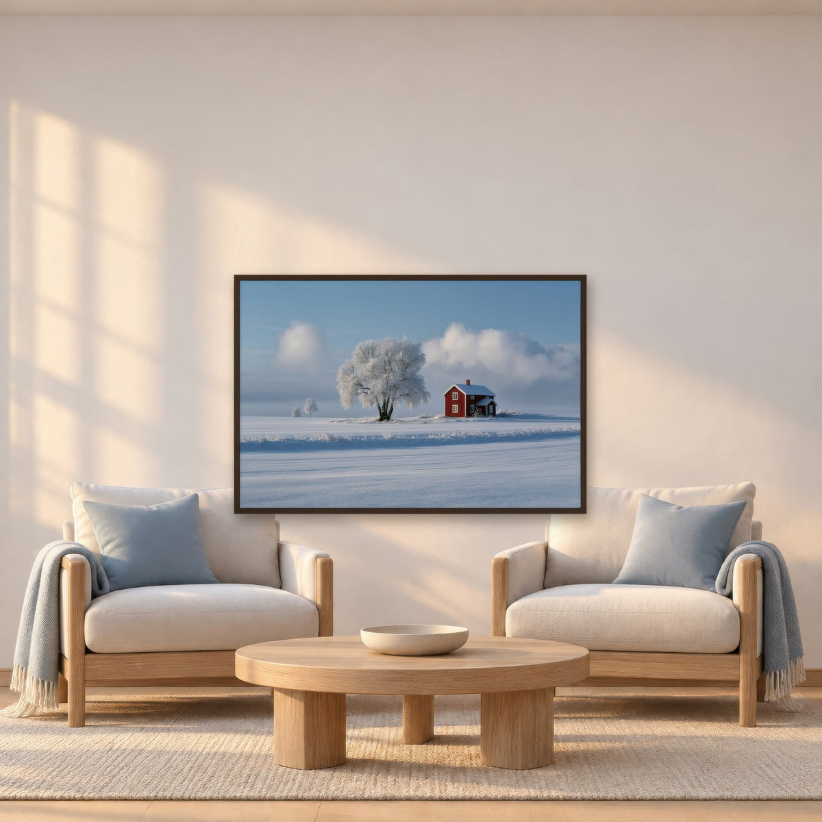 Red Farmhouse and Frosted Tree in Snow scandinavian wall art in a den