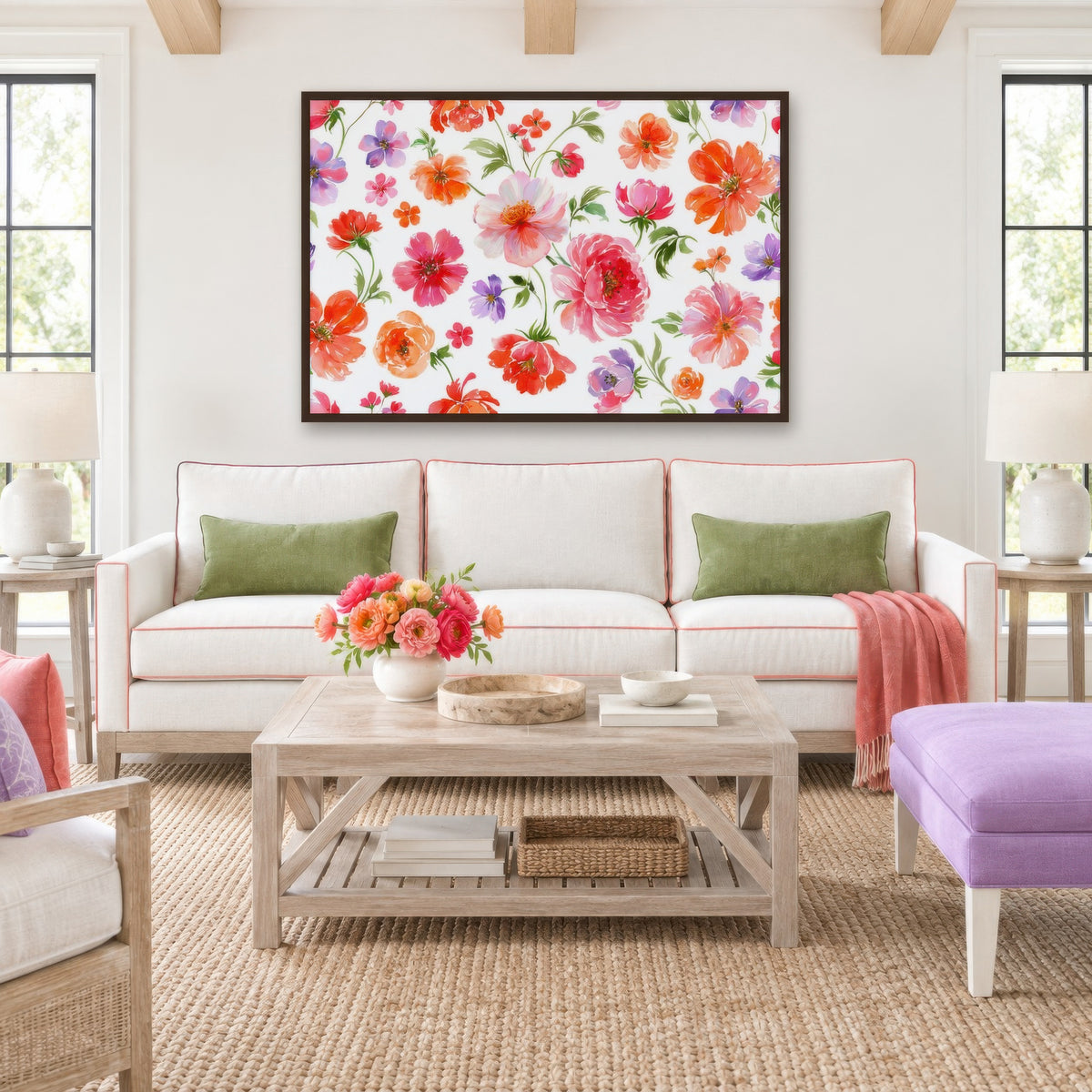 Bright Multicolor Floral Pattern watercolor floral wall art in a living room