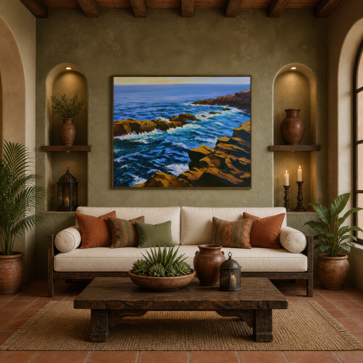 Rugged sea cliffs above a cream sofa on an olive plaster wall with terracotta pots