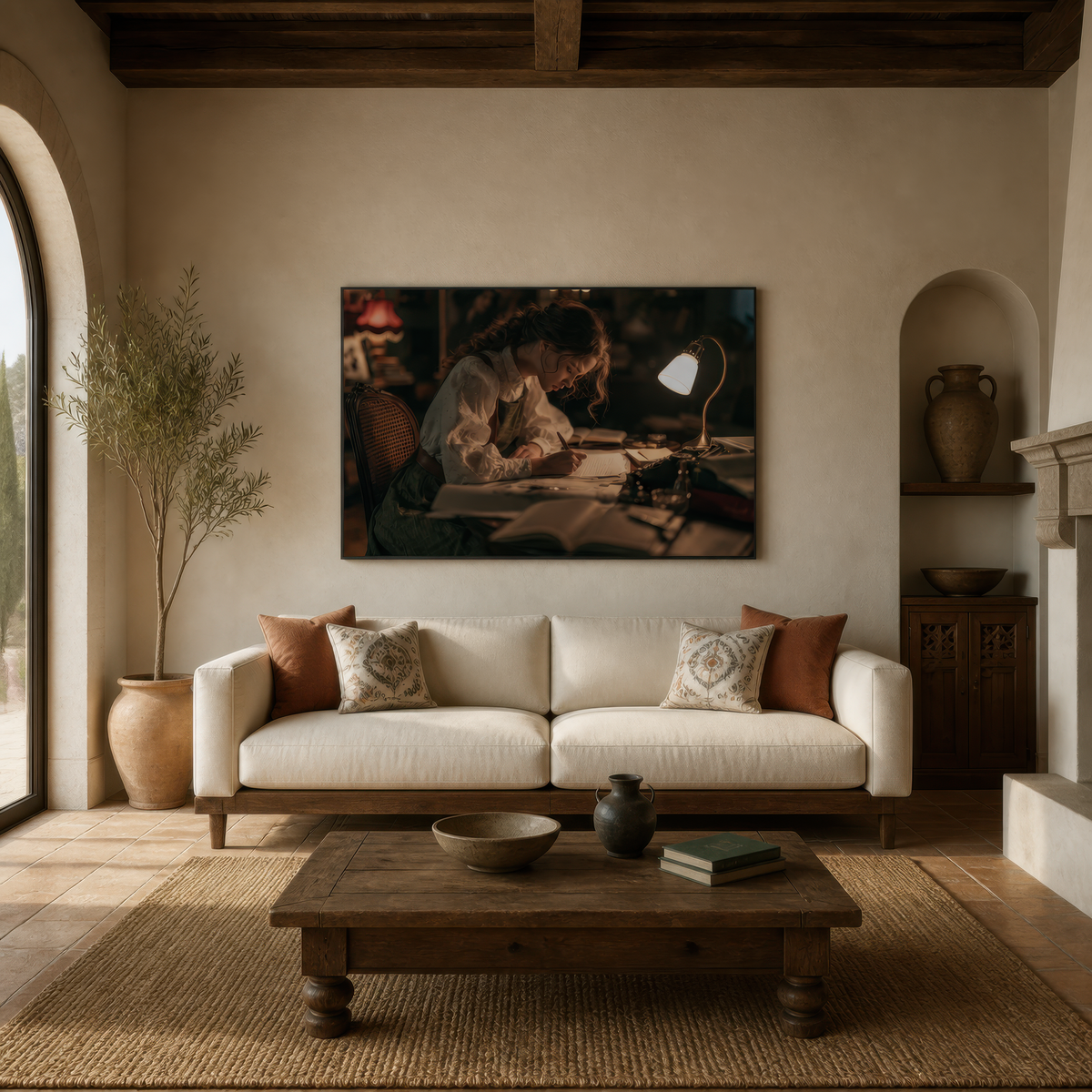 Letters by lamplight above a cream sofa with rust pillows beside an arched plaster niche