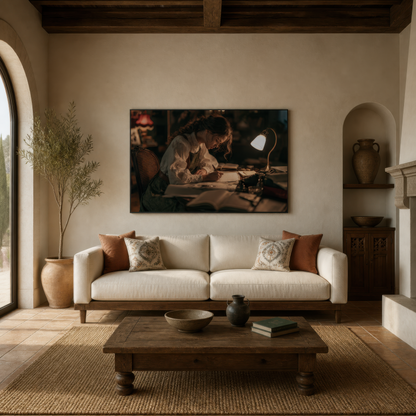 Letters by lamplight above a cream sofa with rust pillows beside an arched plaster niche