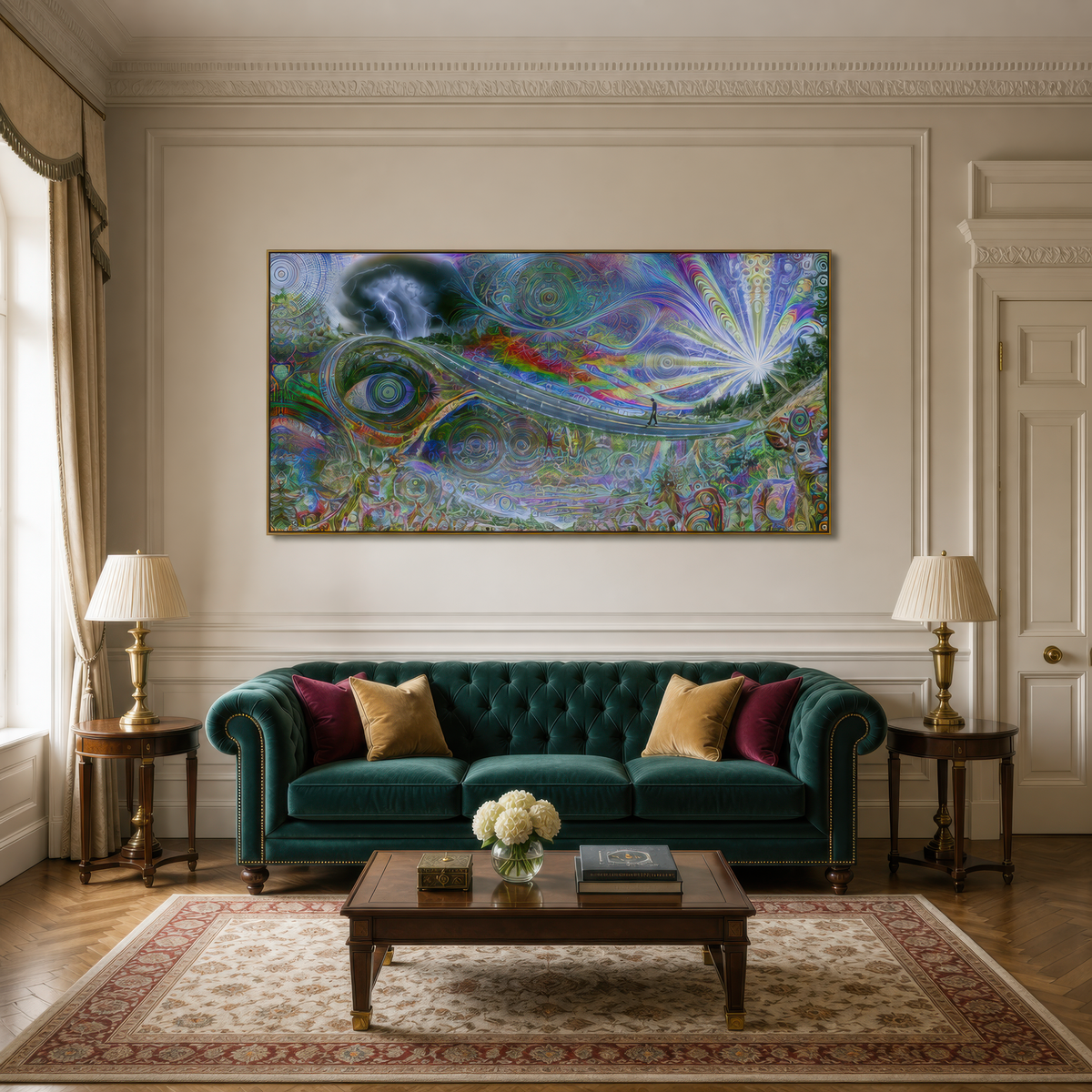 Bright signal above a teal tufted chesterfield with mustard pillows and a Persian rug