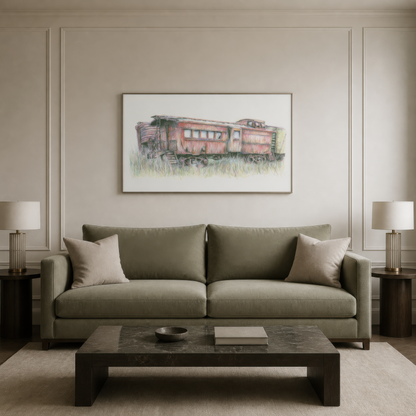 Abandoned Train Car Sketch wall art print staged in a room