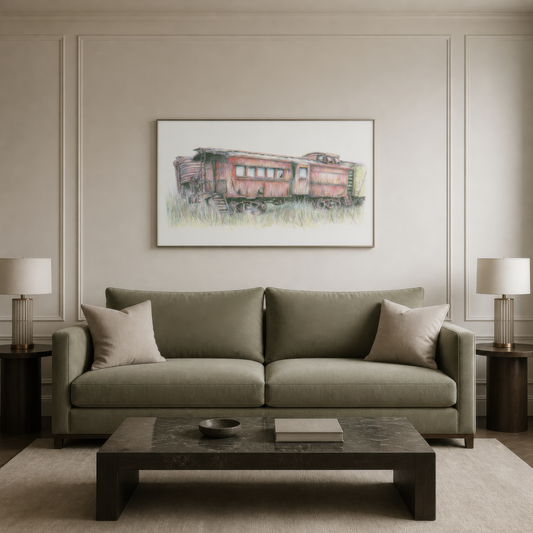 Abandoned Train Car Sketch wall art print staged in a room