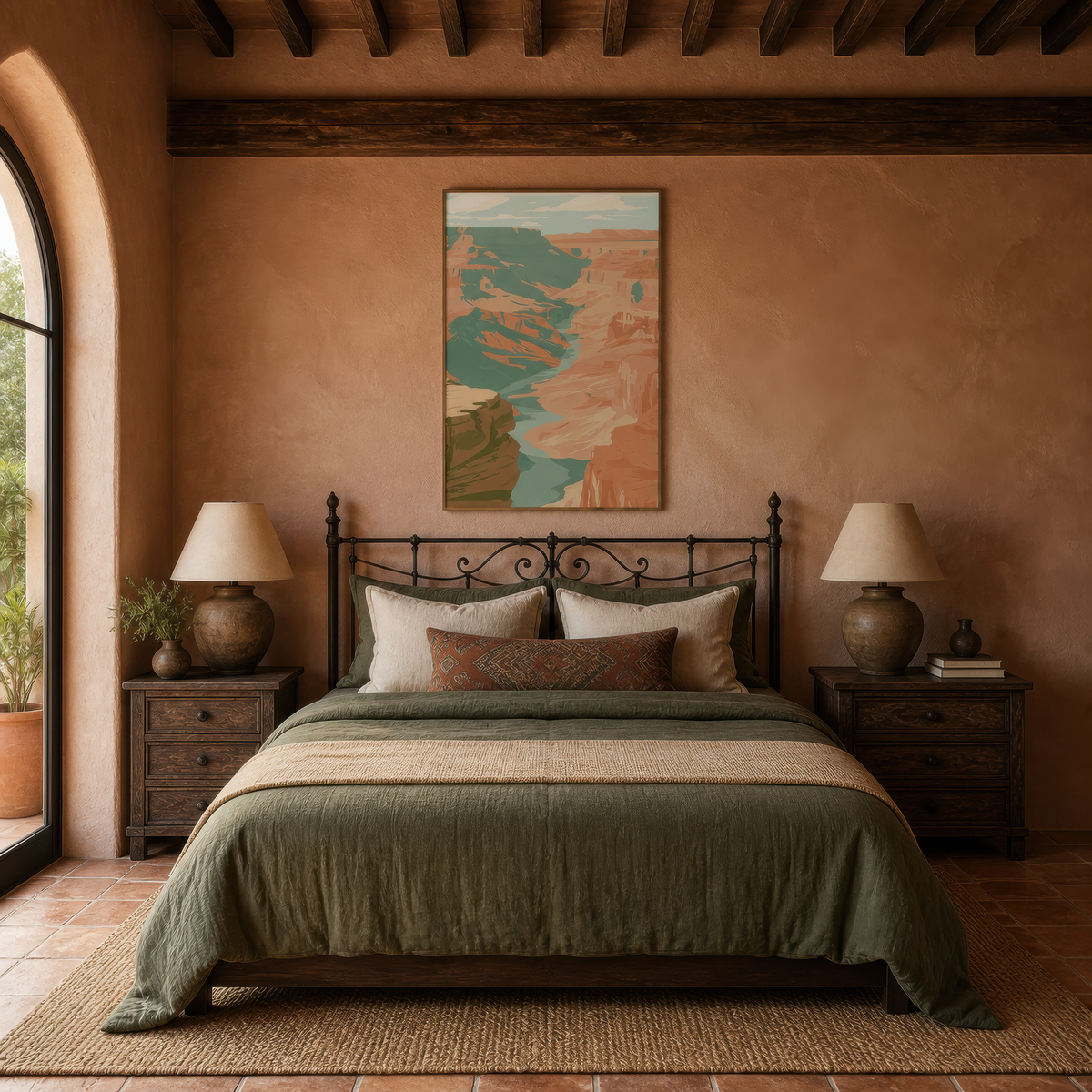 Wide river between canyon walls above an iron bed with olive bedding on terracotta