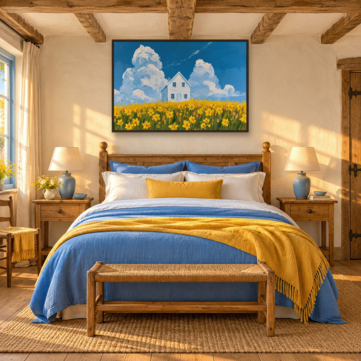 Daffodil Field Cottage cottagecore wall art in a bedroom