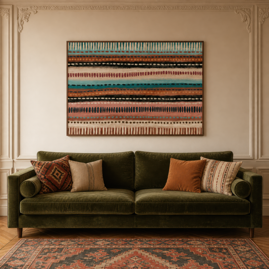 Teal and terracotta dash stripe artwork above an olive sofa with kilim pillows
