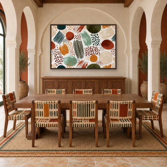 Circles and Dots in Rust and Teal boho wall art in a dining room