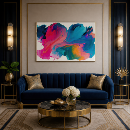 Vivid color bloom above a navy velvet sofa with gold pillows and brass sconces