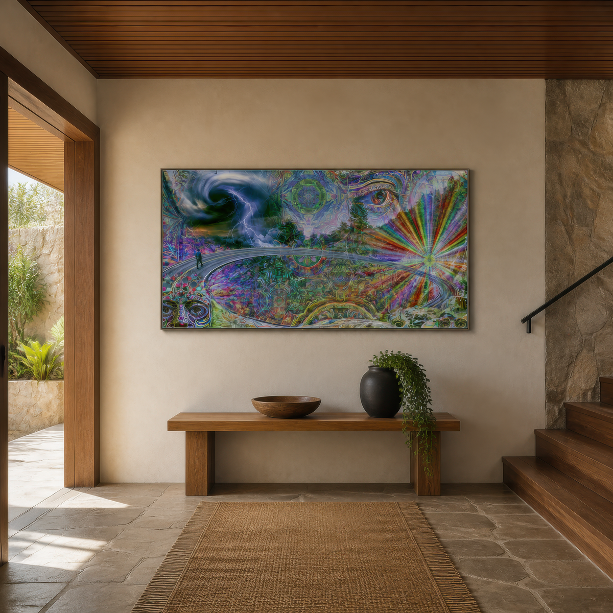 Mystic eye mandala above a long wood bench in an entryway with a stone floor