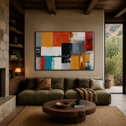 Large colorful orange, red and teal abstract artwork above an olive sectional sofa beside a stone fireplace