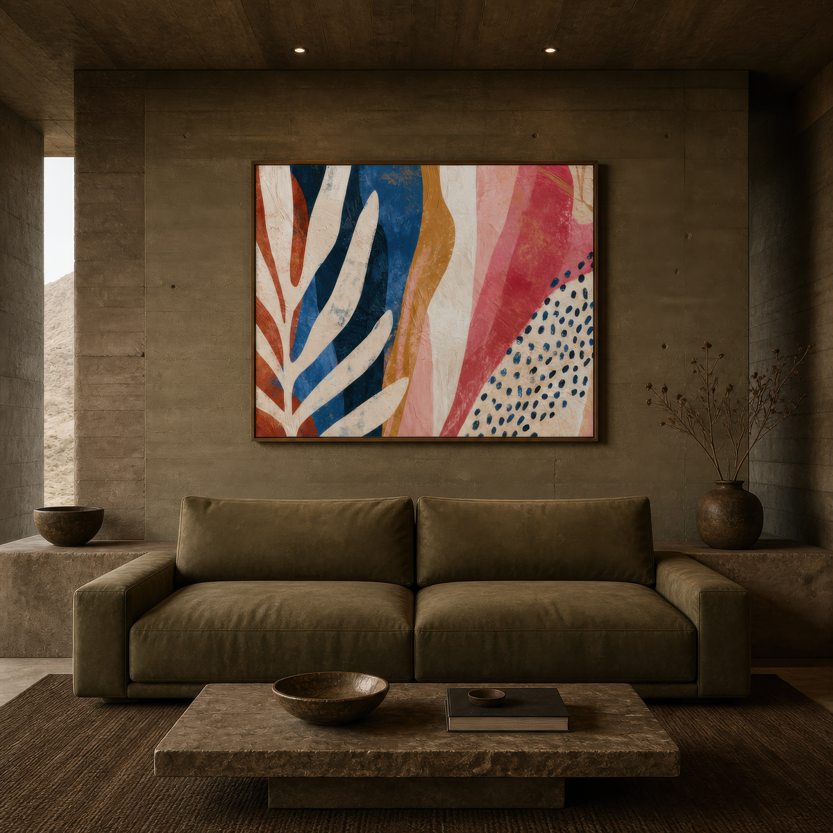 Navy and rust leaf shape artwork above an olive sofa on a deep olive wall