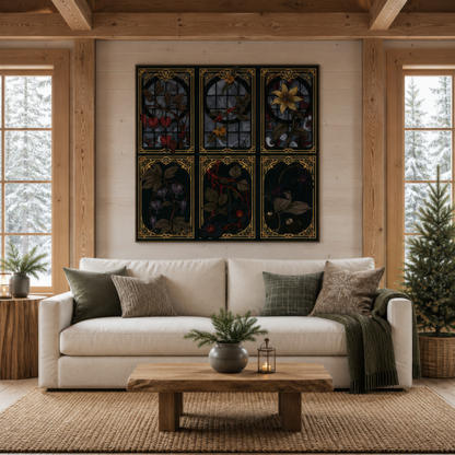 Gothic Stained Glass Floral Panels wall art print staged in a room