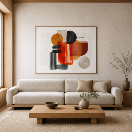 Bold shapes in terracotta above a cream low sofa with a pale wood coffee table
