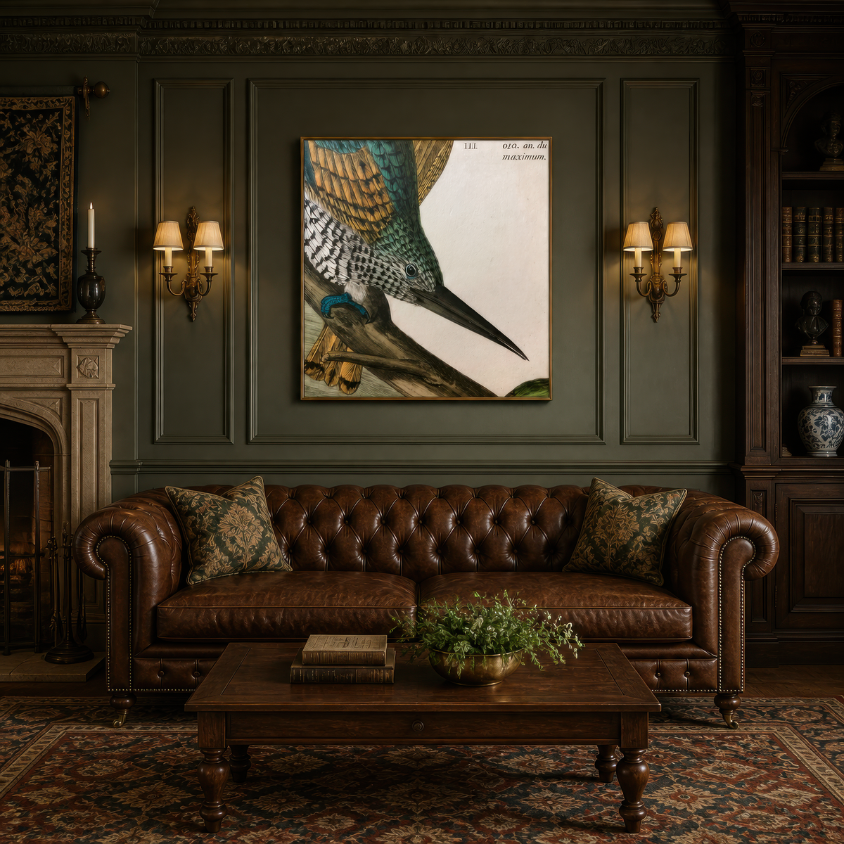 Antique Kingfisher Illustration wall art print, alternate room view