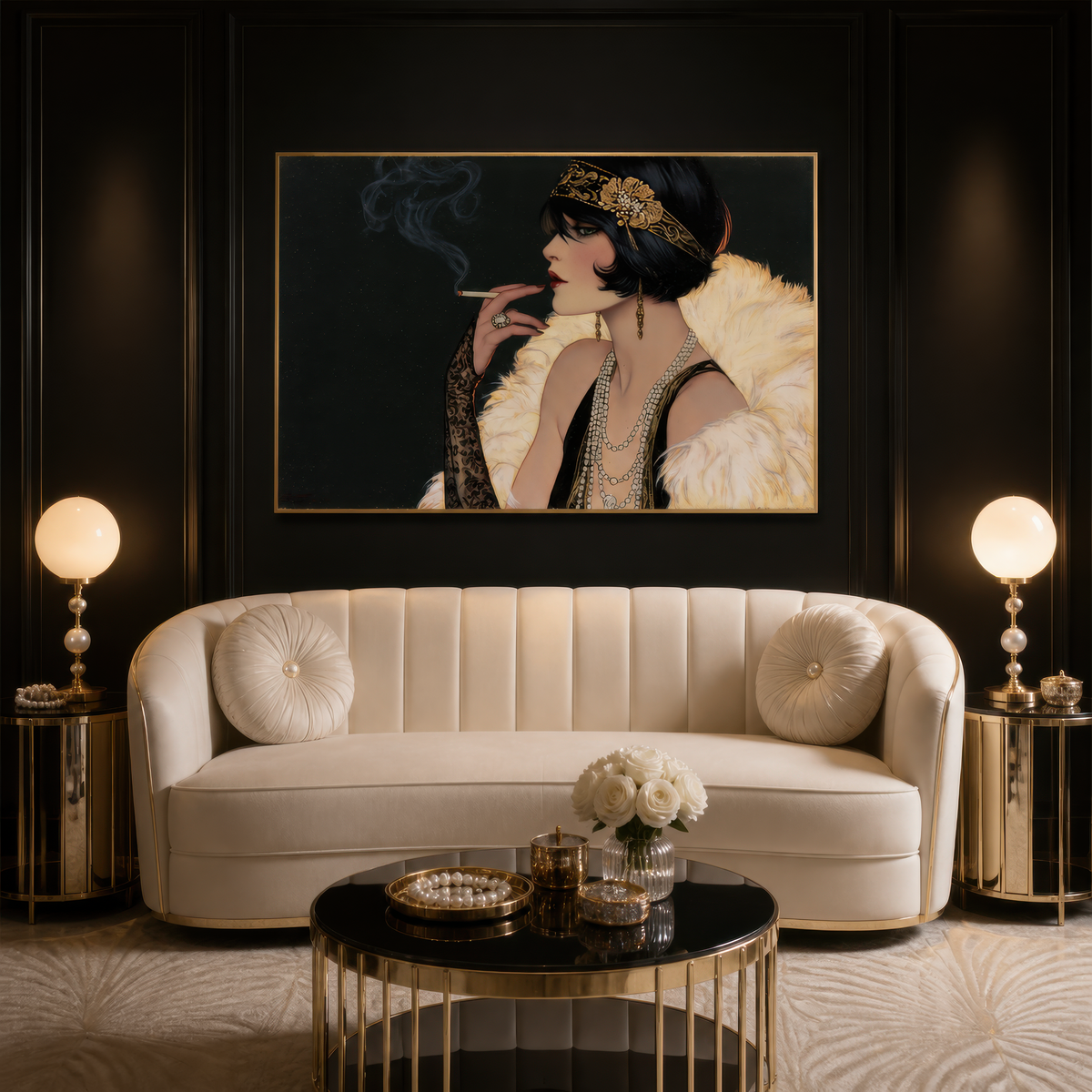 Jeweled flapper portrait above a cream curved channel sofa on a black wall with brass lamps