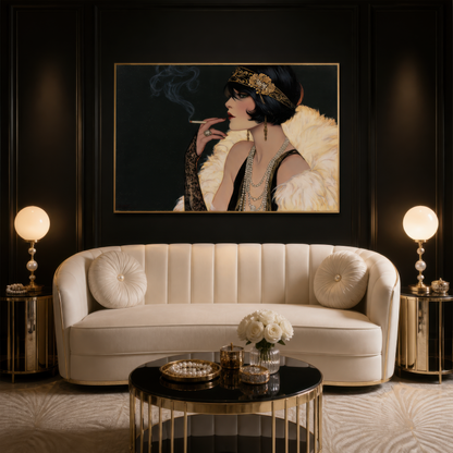 Jeweled flapper portrait above a cream curved channel sofa on a black wall with brass lamps
