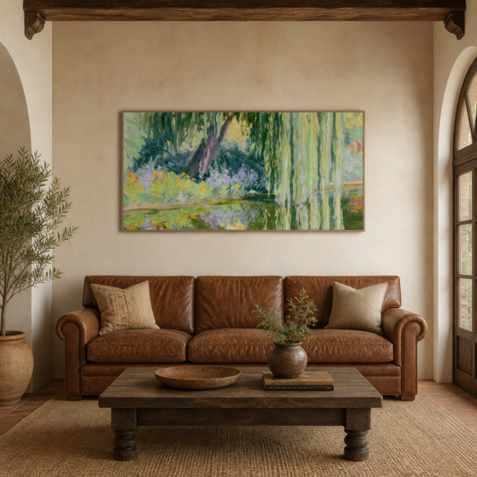 Sunlit willow over a garden pond above a tan leather sofa on plaster with a wood table