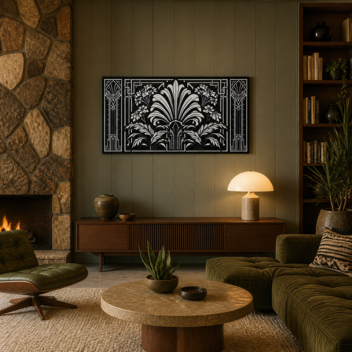 Deco foliage panel above a wood console on an olive wall beside a stone chimney breast