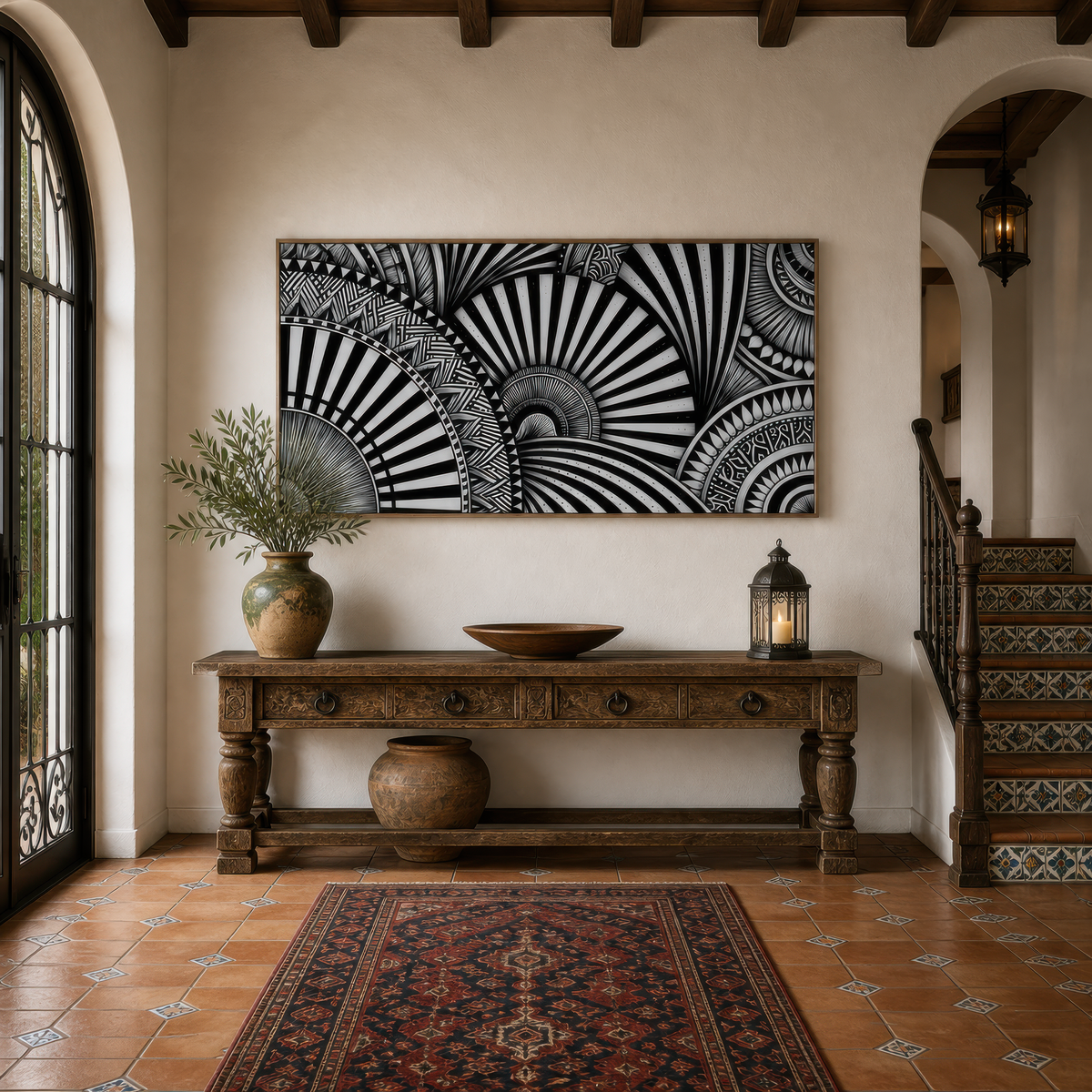Onyx fan above a carved wood console on a plaster wall with terracotta floor tiles